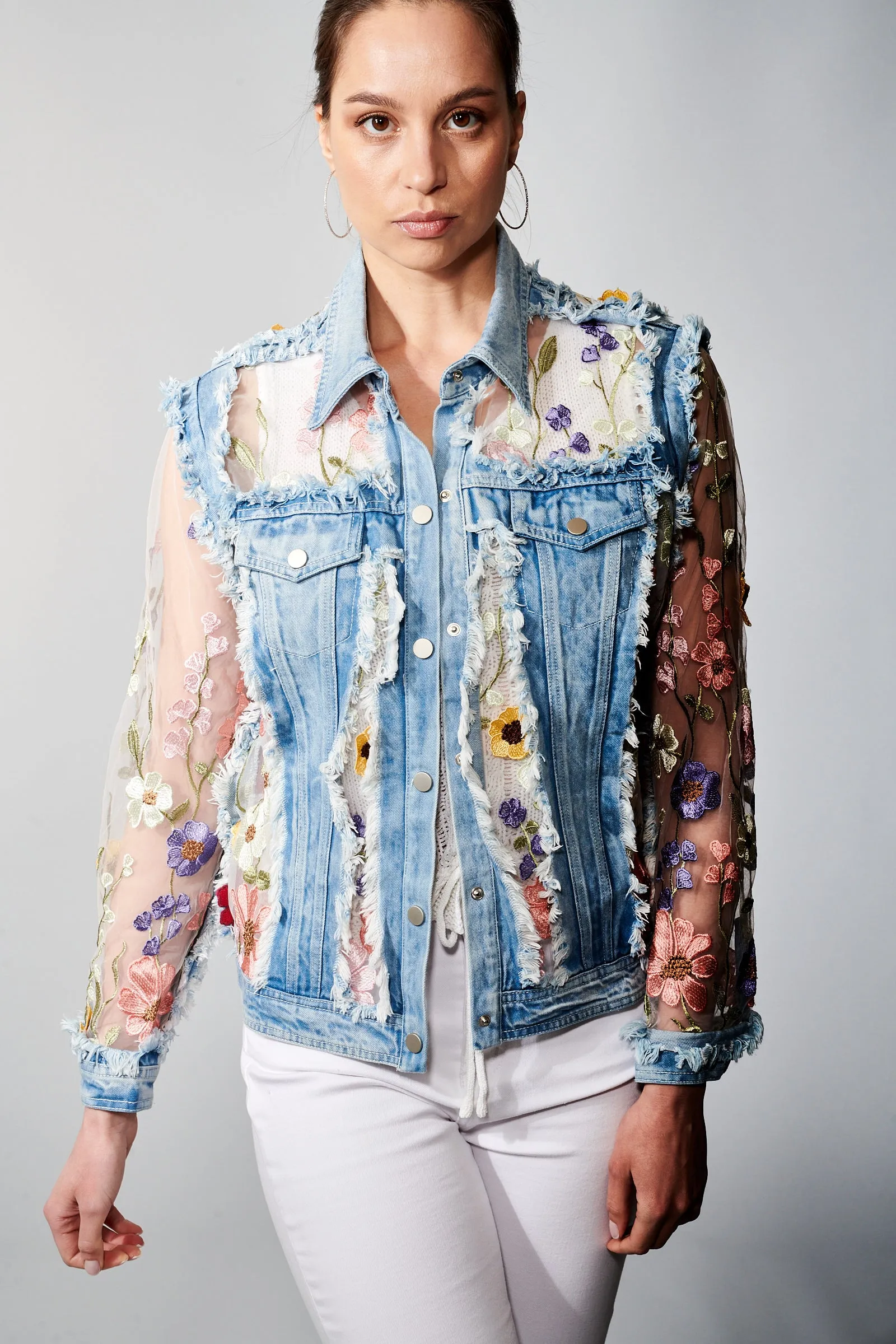 Adore, Denim, Lace Jacket with 3D Floral Embroidery in denim
