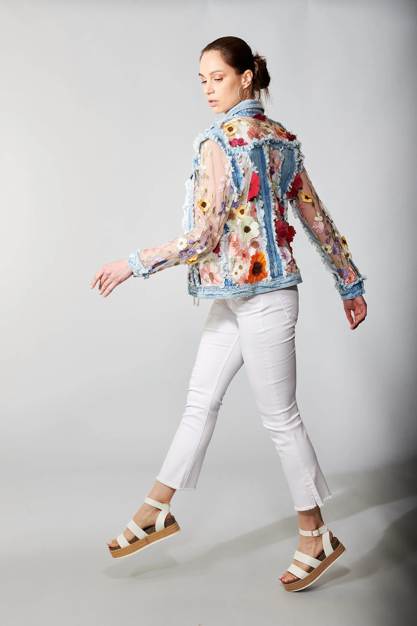 Adore, Denim, Lace Jacket with 3D Floral Embroidery in denim