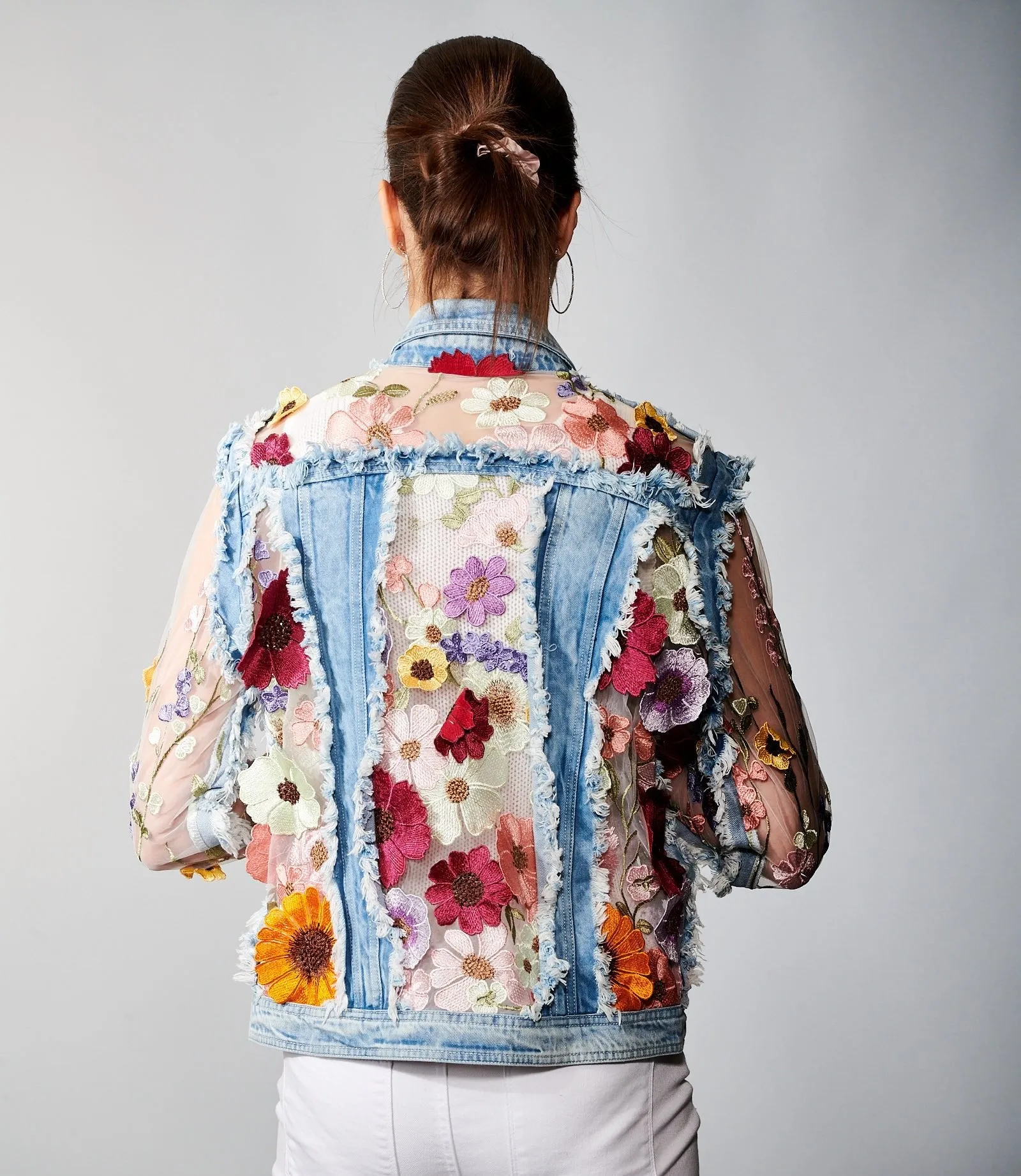 Adore, Denim, Lace Jacket with 3D Floral Embroidery in denim