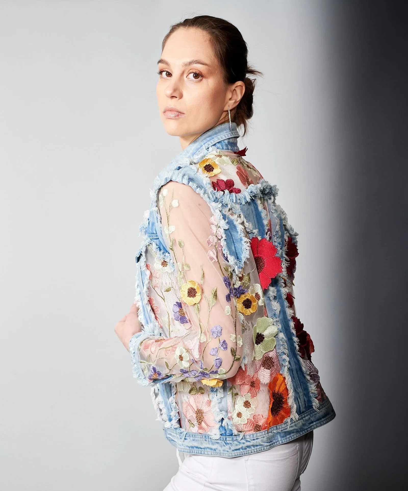 Adore, Denim, Lace Jacket with 3D Floral Embroidery in denim