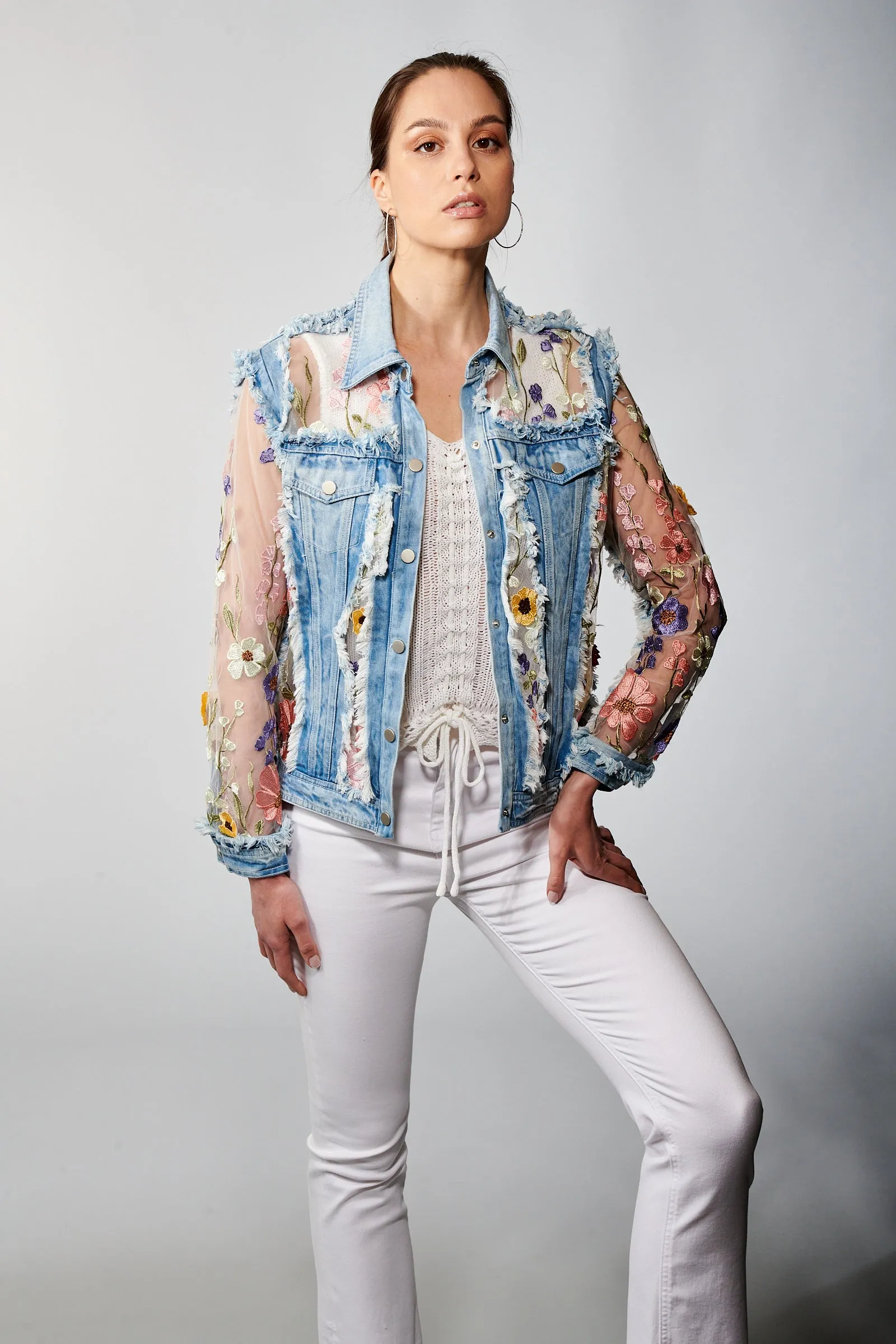 Adore, Denim, Lace Jacket with 3D Floral Embroidery in denim