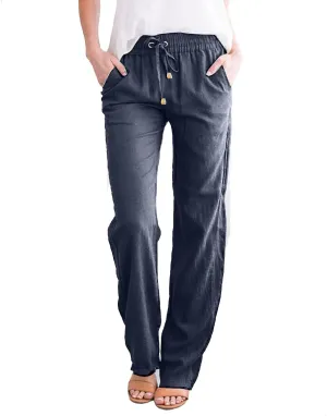 aihihe Linen Pants for Women Casual Summer Drawstring Elastic High Waist Yoga Pants Loose Fit Comfy Straight Leg Palazzo Pant