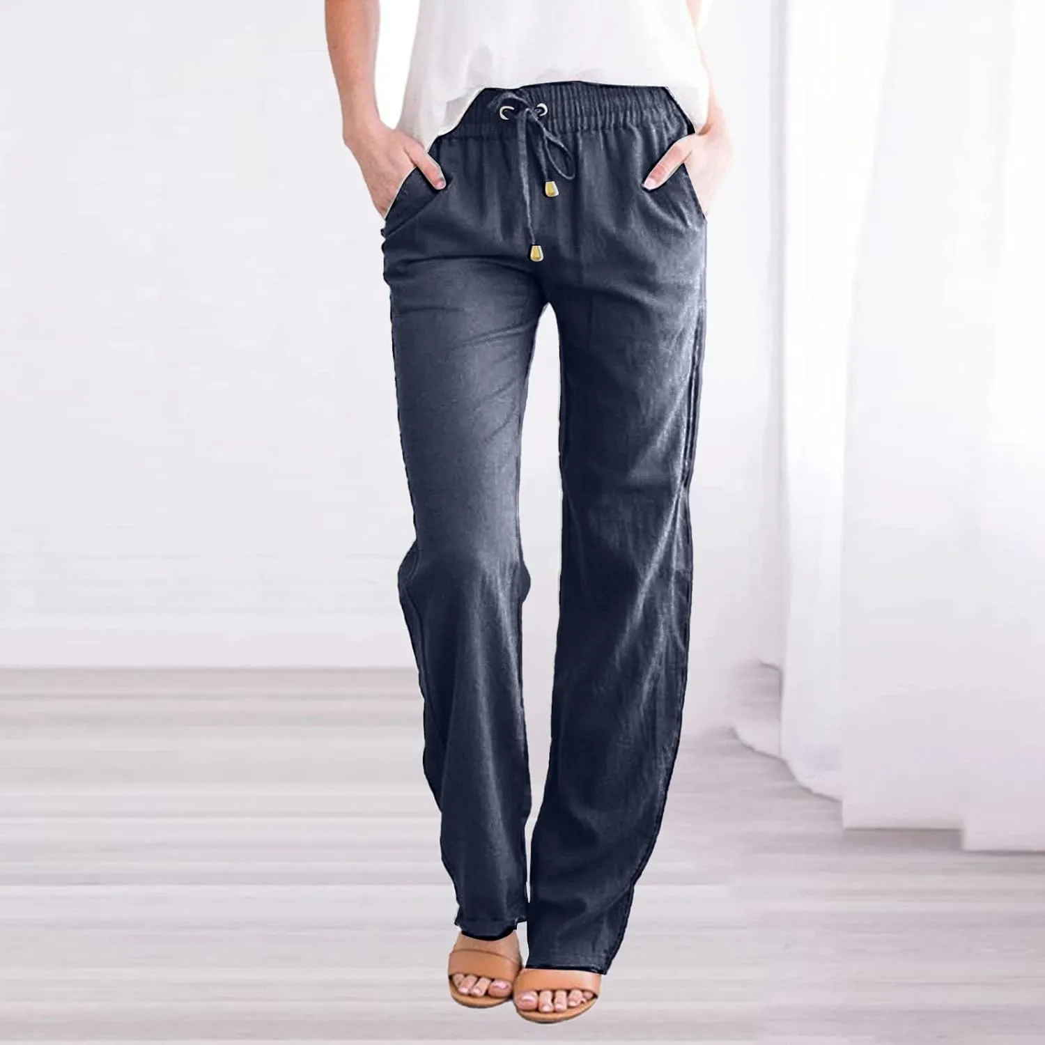 aihihe Linen Pants for Women Casual Summer Drawstring Elastic High Waist Yoga Pants Loose Fit Comfy Straight Leg Palazzo Pant