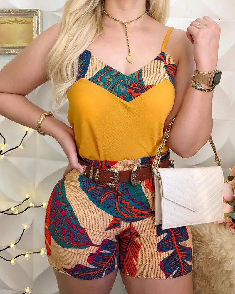 Allwanna 2022 Summer Women Elegant Vacation Leisure Suit Sets Female Holiday Spaghetti Strap V-Neck Print Top & Short Sets