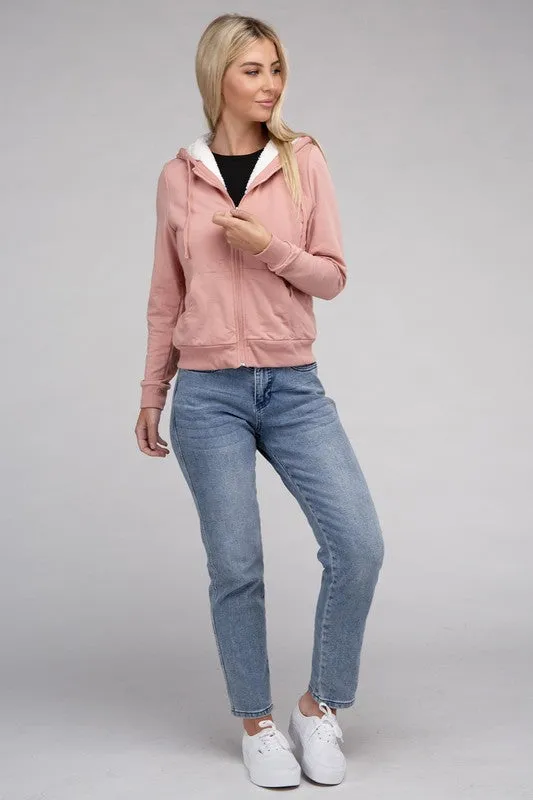 Ambiance Fuzzy Trim Zip-Up Crop Hoodie