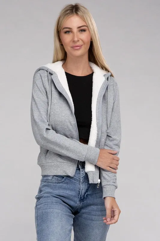 Ambiance Fuzzy Trim Zip-Up Crop Hoodie