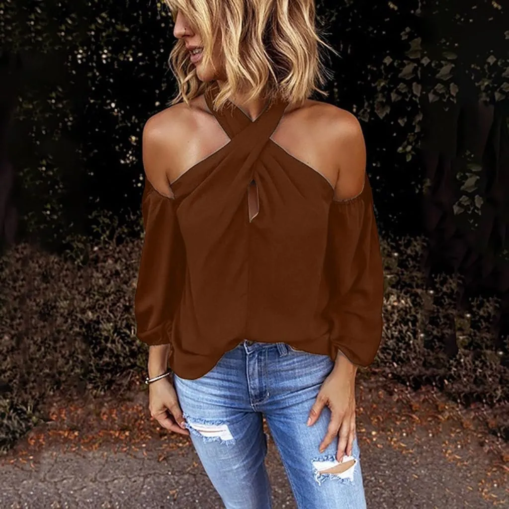 Binmer Crisscross Halter Tops for Womens Sexy Long Sleeve Shirts Casual Loose Comfy Solid Backless Tunic Blouse Fashion 2024