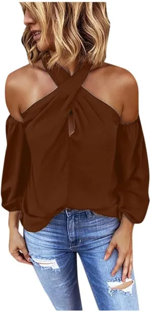 Binmer Crisscross Halter Tops for Womens Sexy Long Sleeve Shirts Casual Loose Comfy Solid Backless Tunic Blouse Fashion 2024