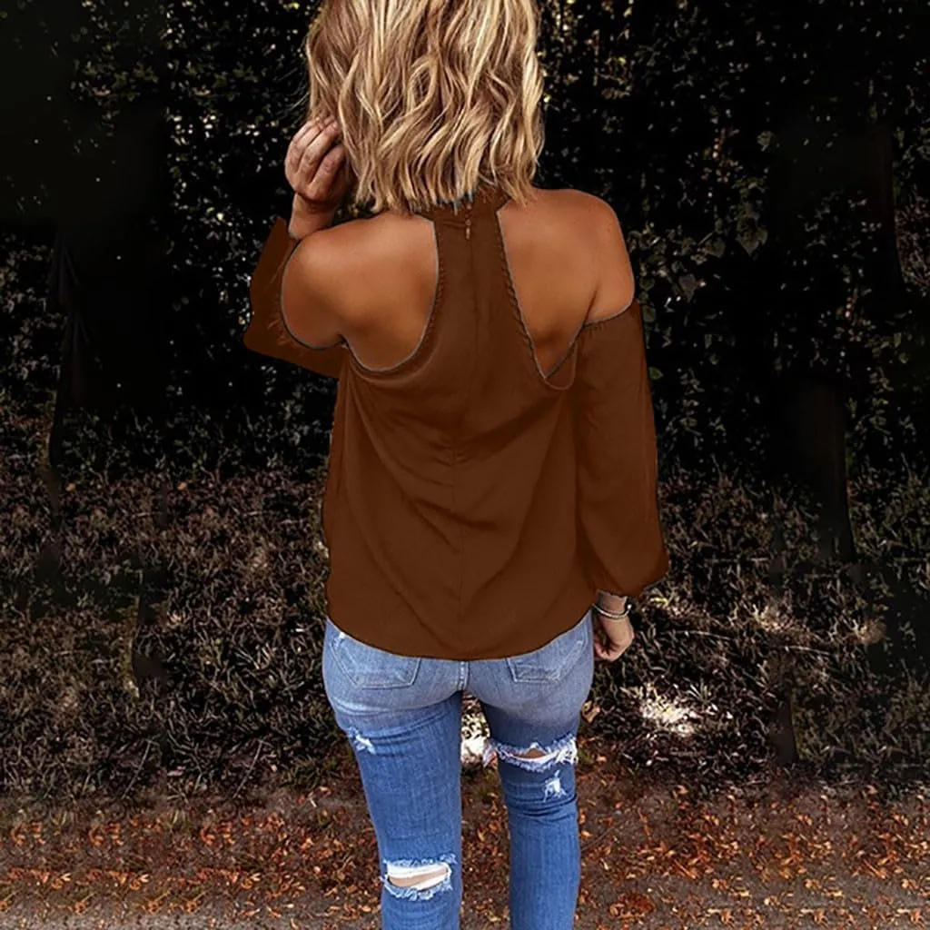 Binmer Crisscross Halter Tops for Womens Sexy Long Sleeve Shirts Casual Loose Comfy Solid Backless Tunic Blouse Fashion 2024