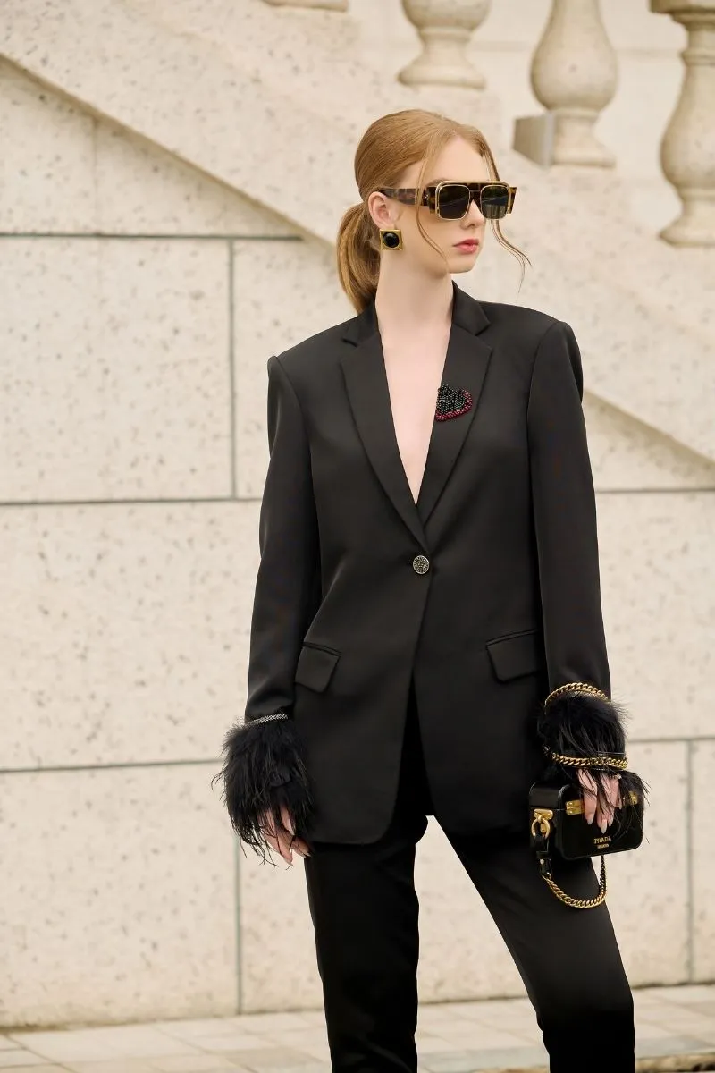 BLACK KELLY TAFFETA FEATHER SUIT JACKET AND PANTS SET