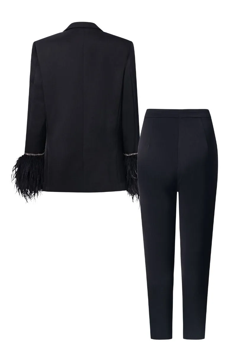 BLACK KELLY TAFFETA FEATHER SUIT JACKET AND PANTS SET