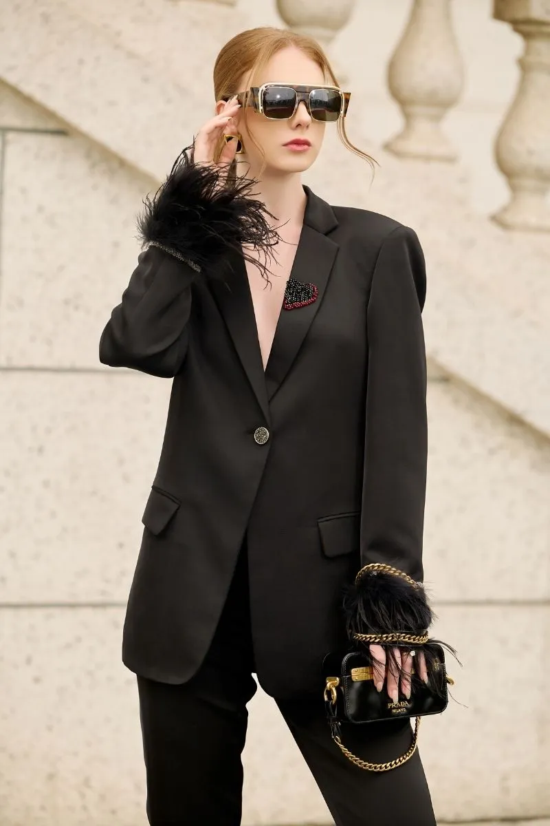 BLACK KELLY TAFFETA FEATHER SUIT JACKET AND PANTS SET