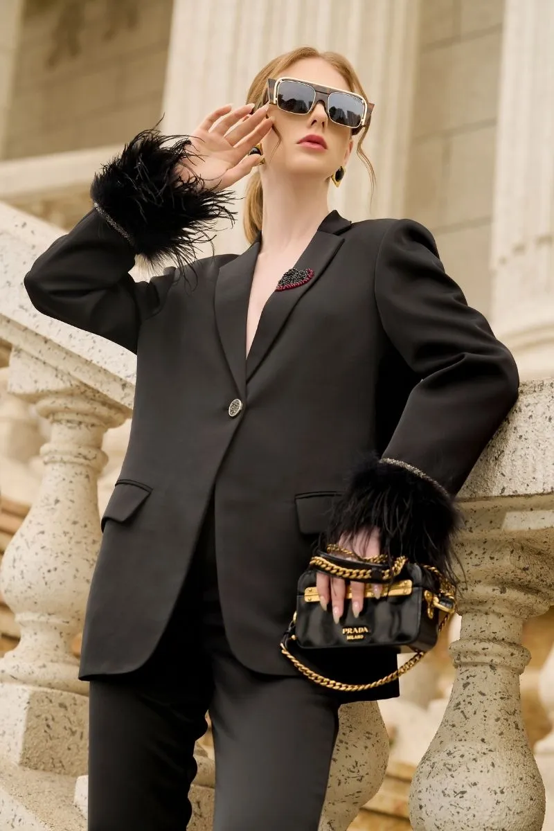 BLACK KELLY TAFFETA FEATHER SUIT JACKET AND PANTS SET