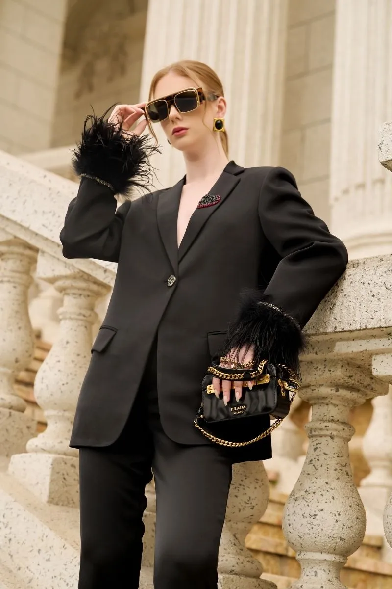 BLACK KELLY TAFFETA FEATHER SUIT JACKET AND PANTS SET