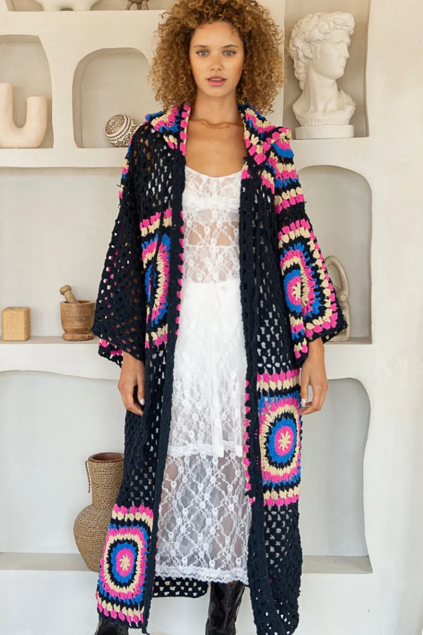 Boho Dreams Crochet Afgan Chenille Midi Cardigan