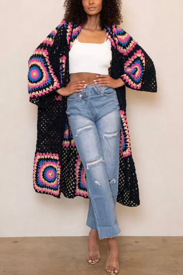 Boho Dreams Crochet Afgan Chenille Midi Cardigan