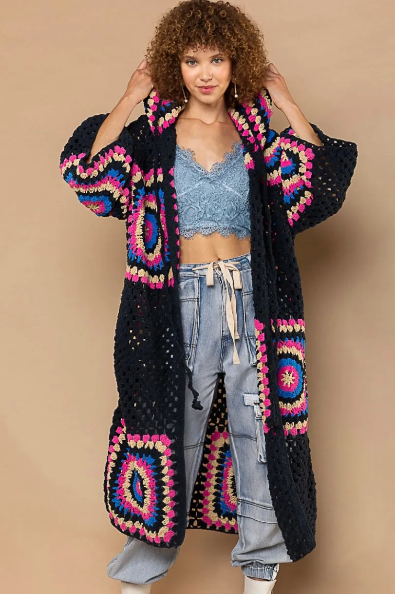 Boho Dreams Crochet Afgan Chenille Midi Cardigan