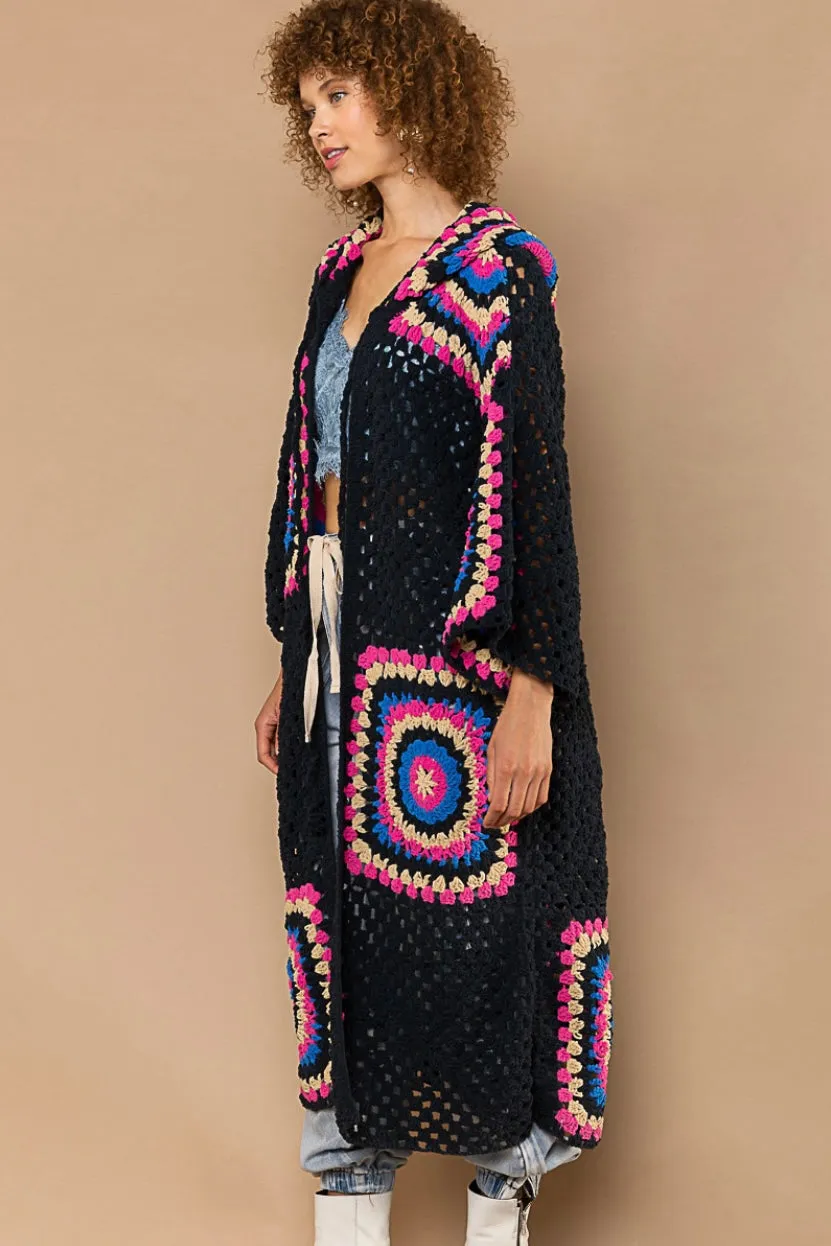 Boho Dreams Crochet Afgan Chenille Midi Cardigan