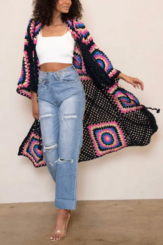 Boho Dreams Crochet Afgan Chenille Midi Cardigan