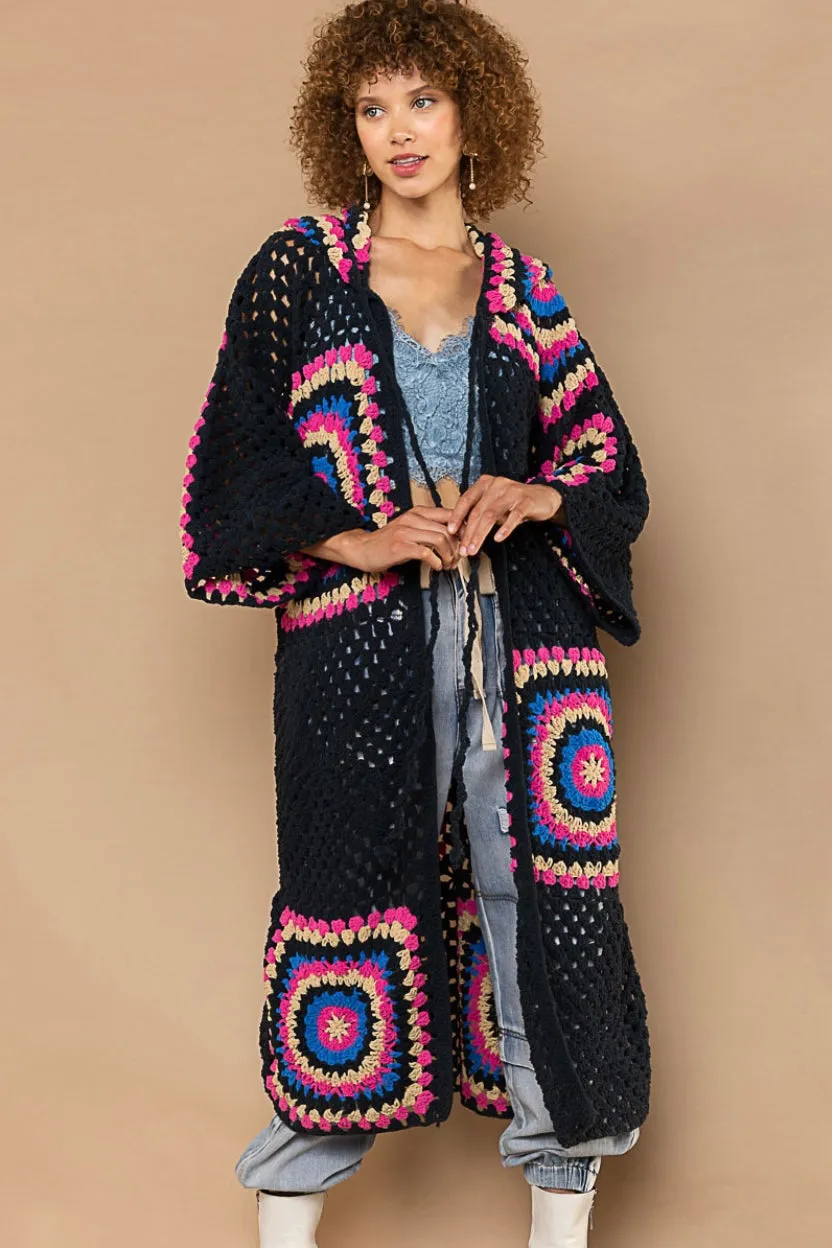 Boho Dreams Crochet Afgan Chenille Midi Cardigan