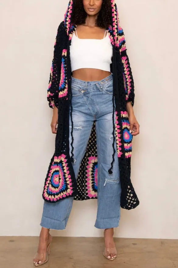 Boho Dreams Crochet Afgan Chenille Midi Cardigan