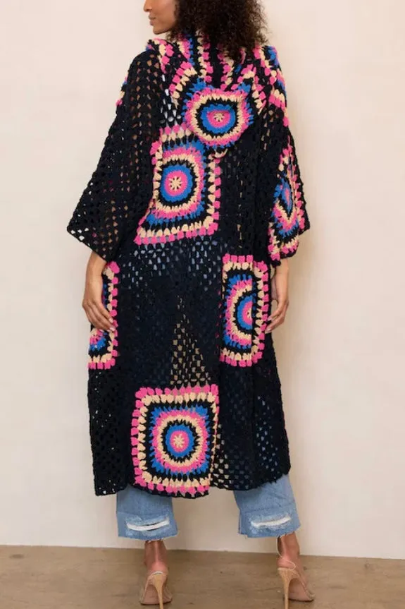 Boho Dreams Crochet Afgan Chenille Midi Cardigan