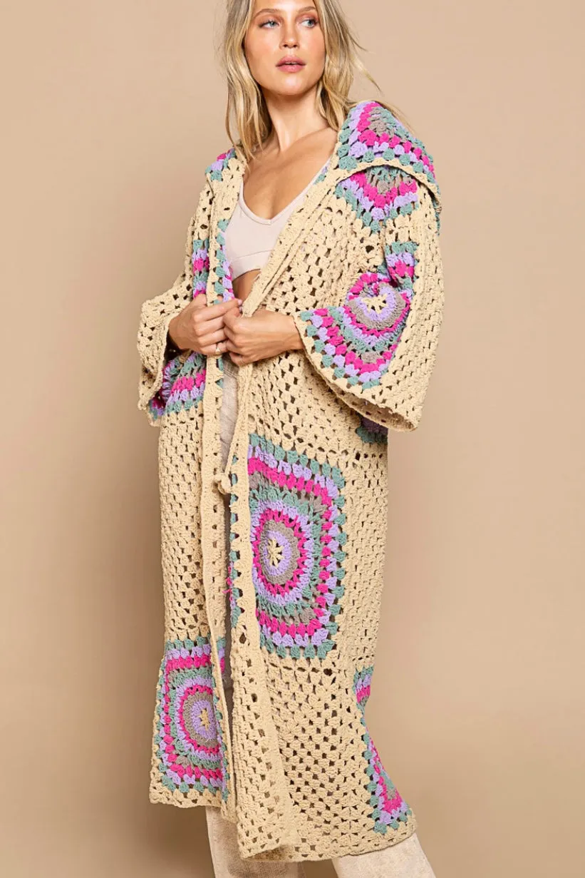 Boho Dreams Crochet Afgan Chenille Midi Cardigan