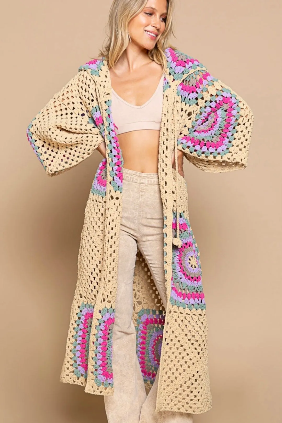 Boho Dreams Crochet Afgan Chenille Midi Cardigan