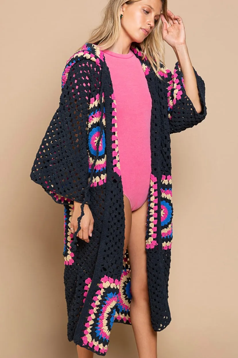 Boho Dreams Crochet Afgan Chenille Midi Cardigan