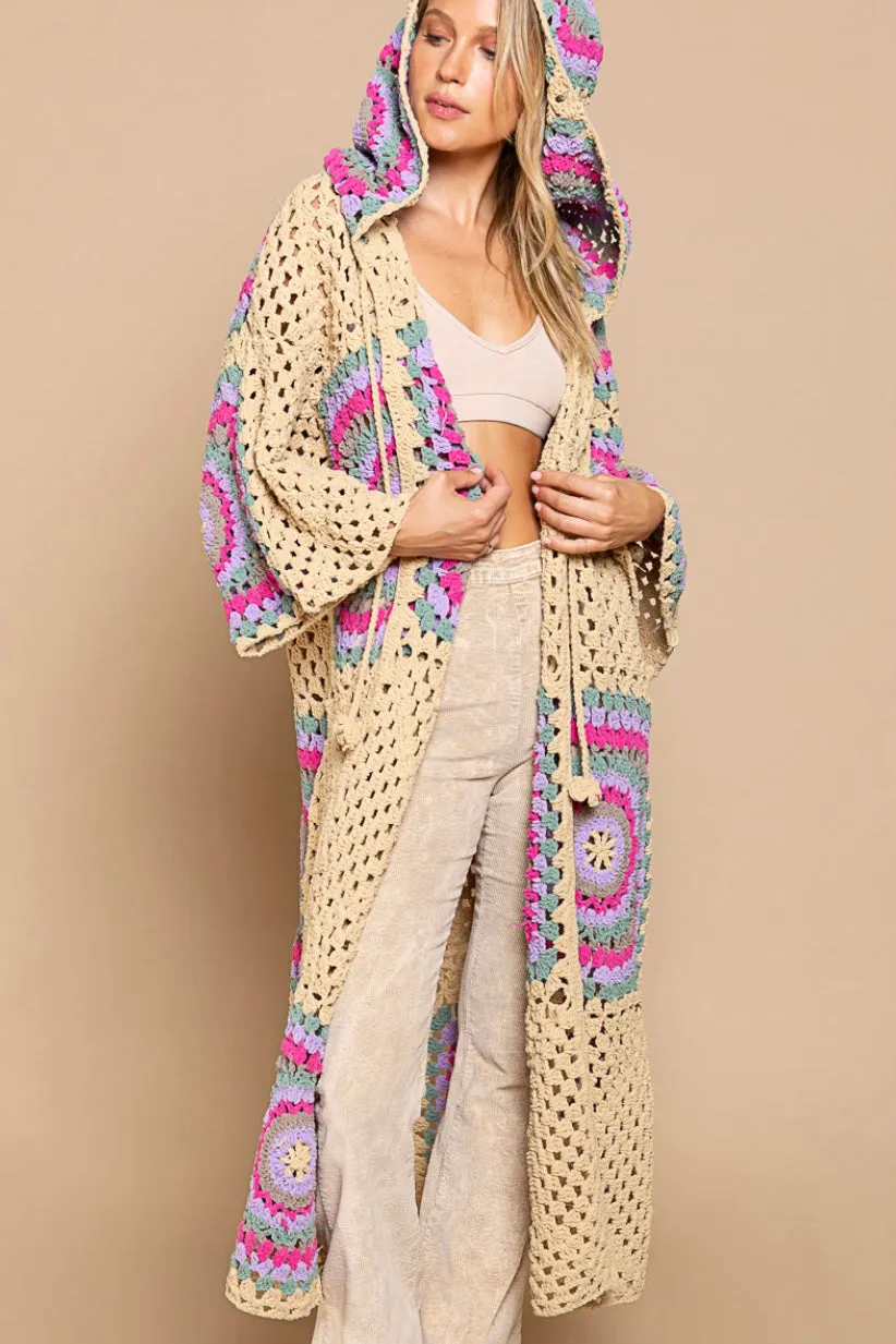 Boho Dreams Crochet Afgan Chenille Midi Cardigan