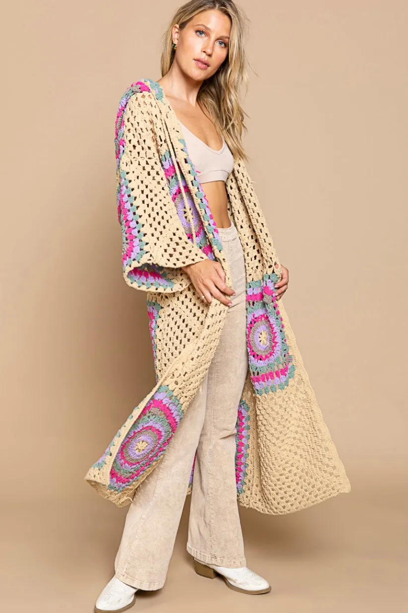Boho Dreams Crochet Afgan Chenille Midi Cardigan