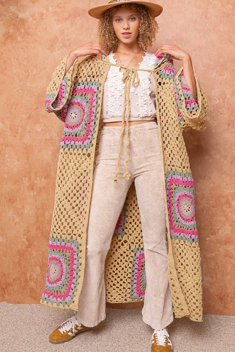 Boho Dreams Crochet Afgan Chenille Midi Cardigan