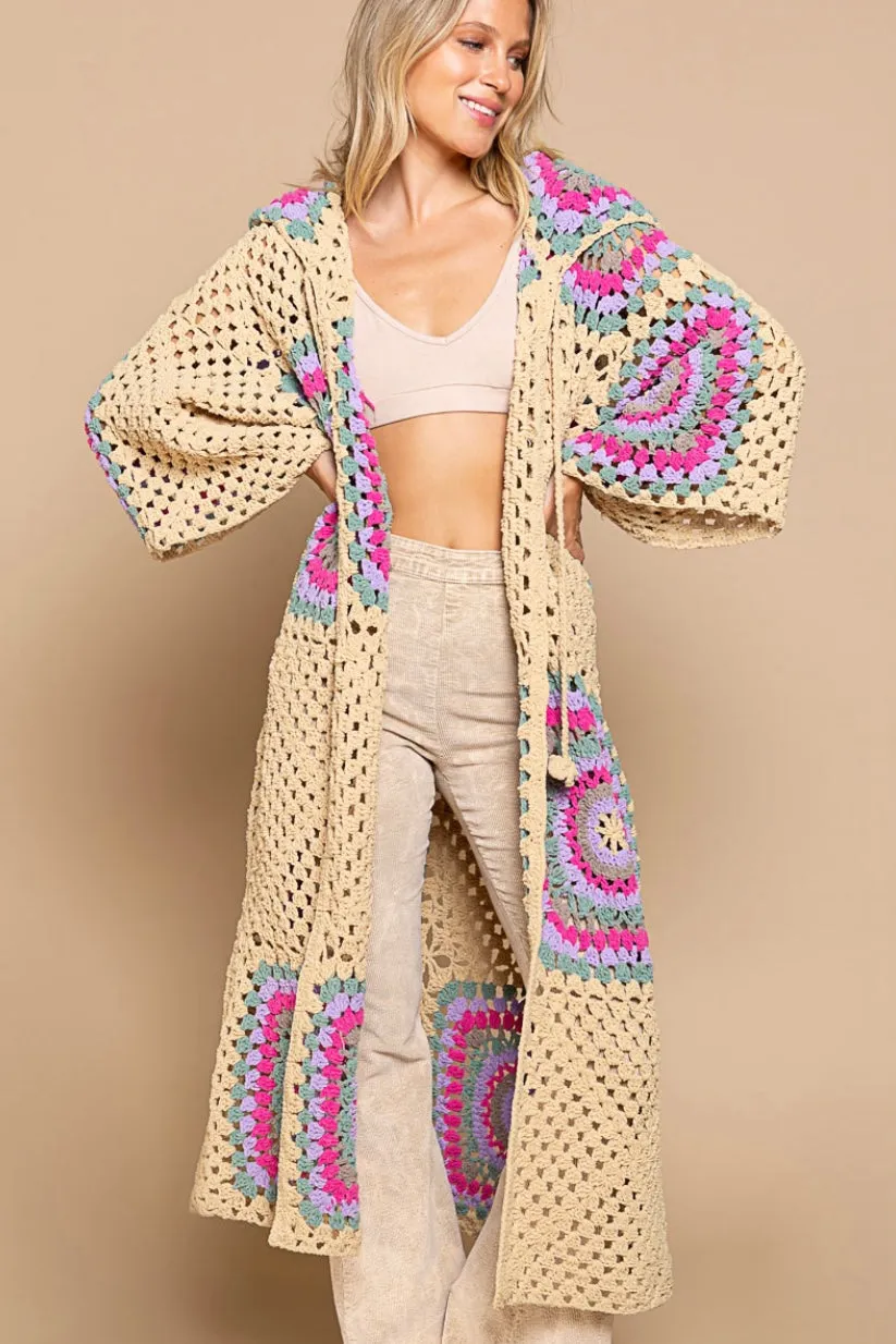 Boho Dreams Crochet Afgan Chenille Midi Cardigan