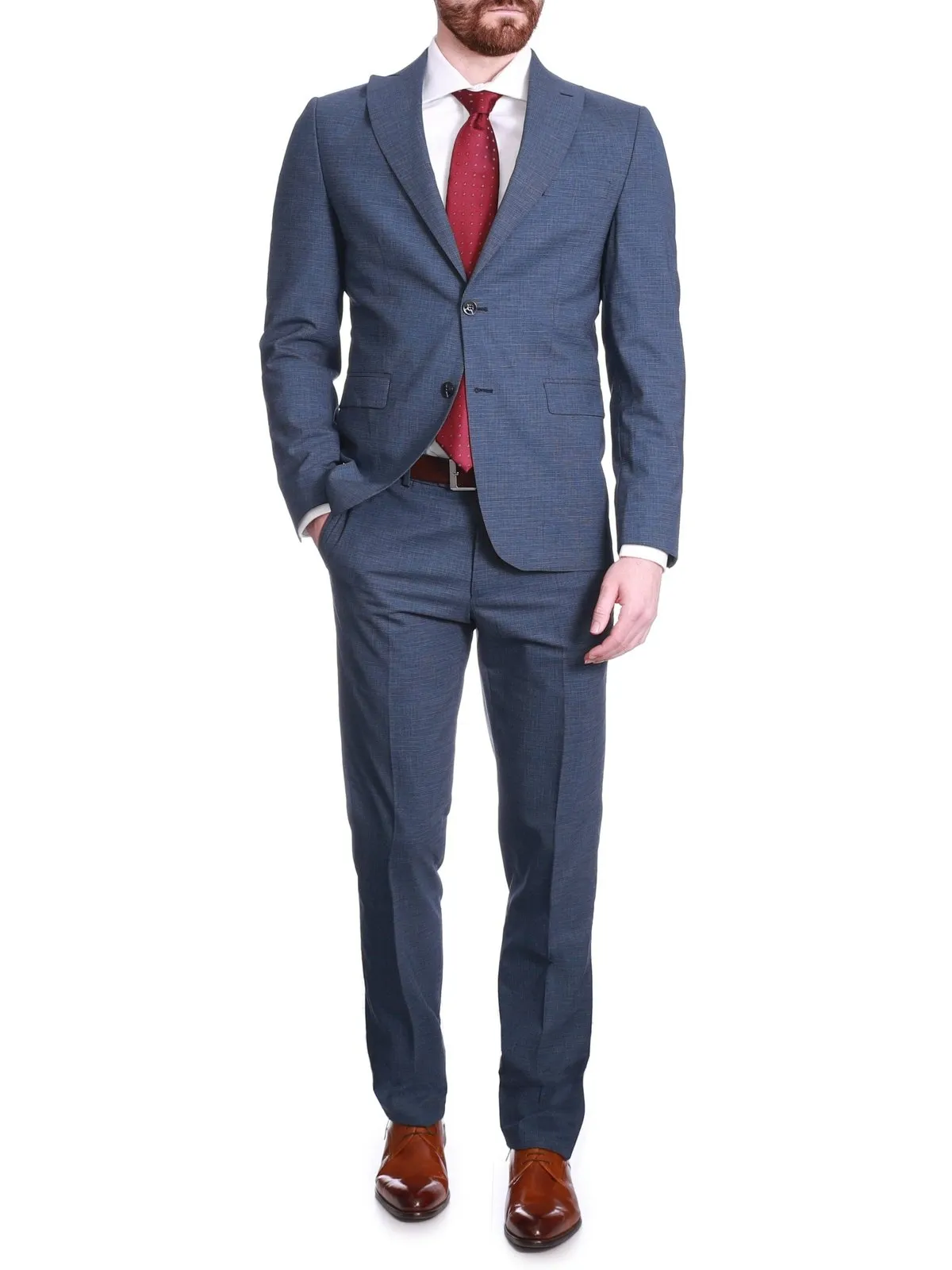 Carducci Mens Blue Mini Check Wool Blend Slim Fit Suit With Peak Lapels