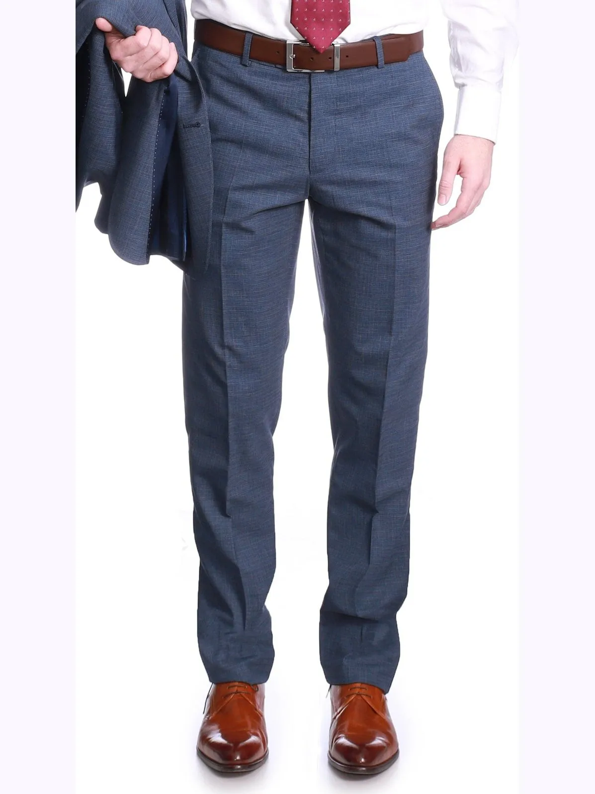 Carducci Mens Blue Mini Check Wool Blend Slim Fit Suit With Peak Lapels