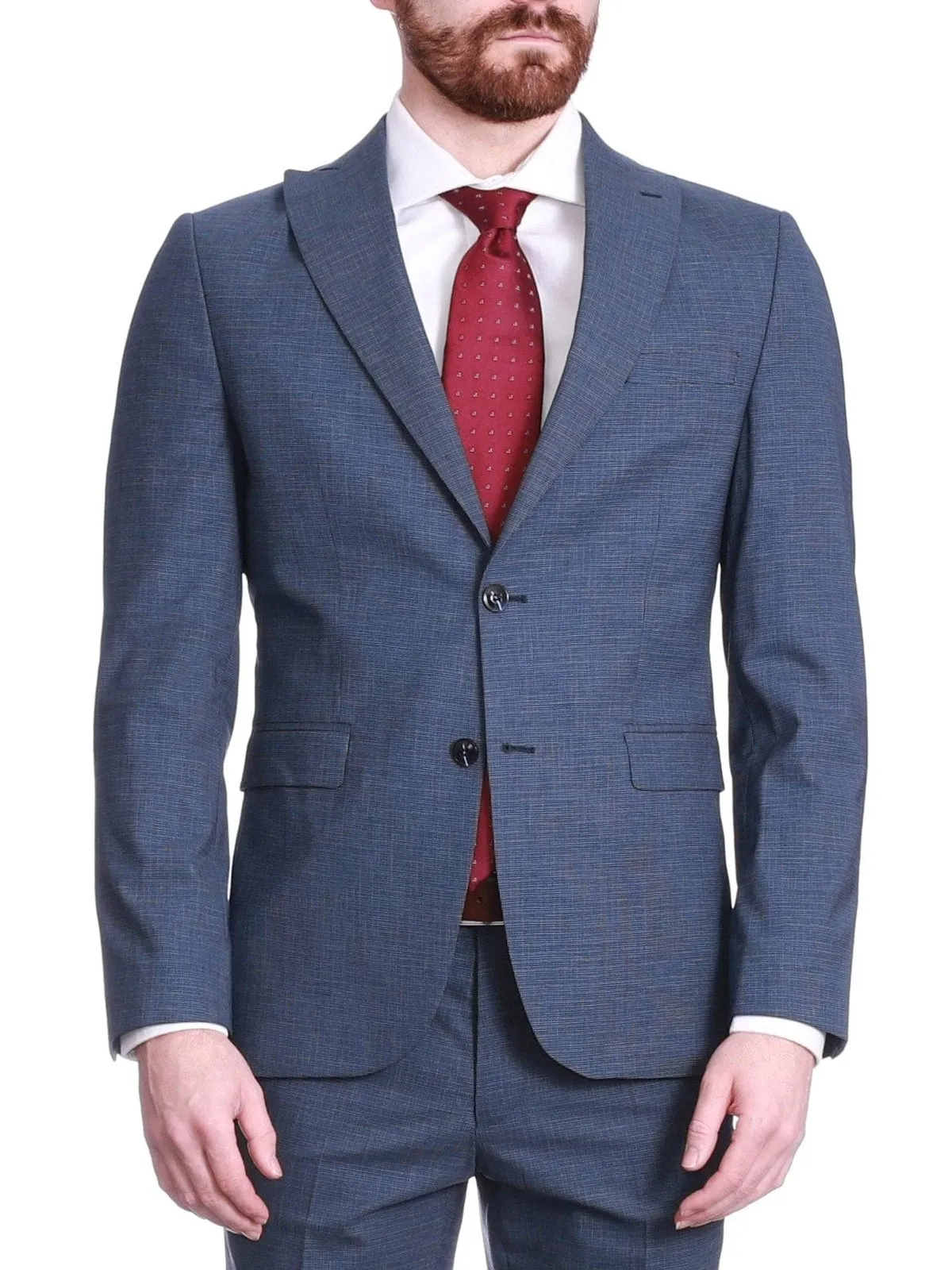 Carducci Mens Blue Mini Check Wool Blend Slim Fit Suit With Peak Lapels