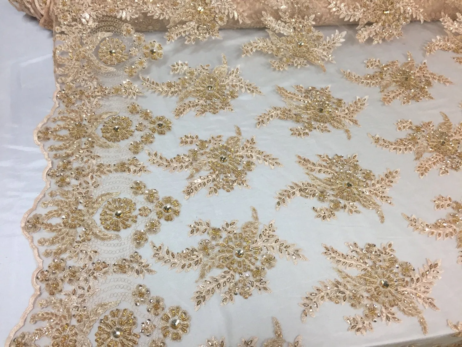 Champagne imperial flower design embroider and beaded on a mesh lace -yd
