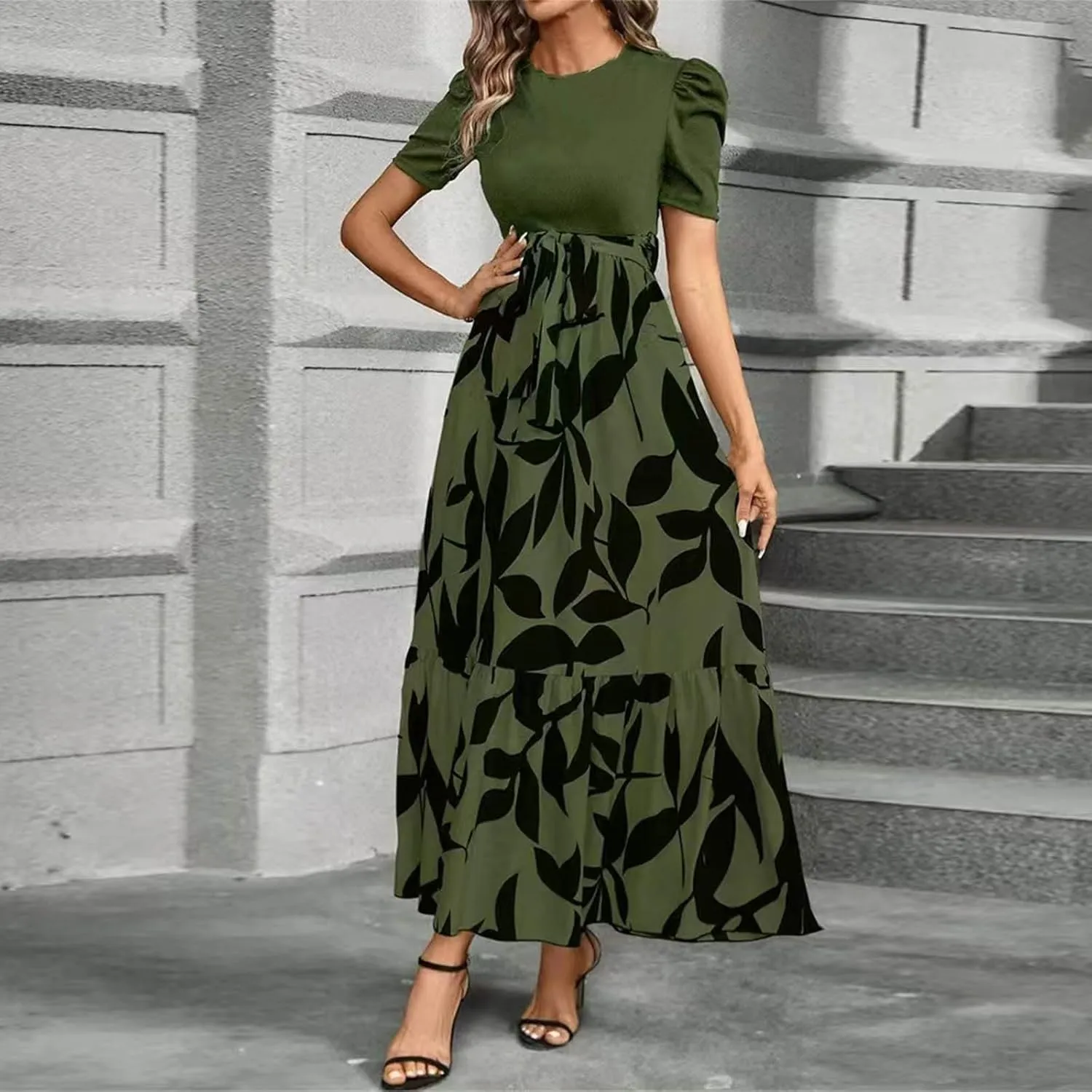COTECRAM Women's 2025 Summer Casual Short Sleeve Crew Neck High Waist Smocked Tiered A Line Boho Beach Midi Maxi Dress