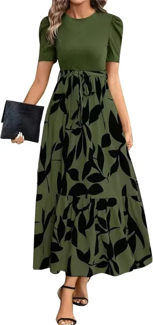 COTECRAM Women's 2025 Summer Casual Short Sleeve Crew Neck High Waist Smocked Tiered A Line Boho Beach Midi Maxi Dress