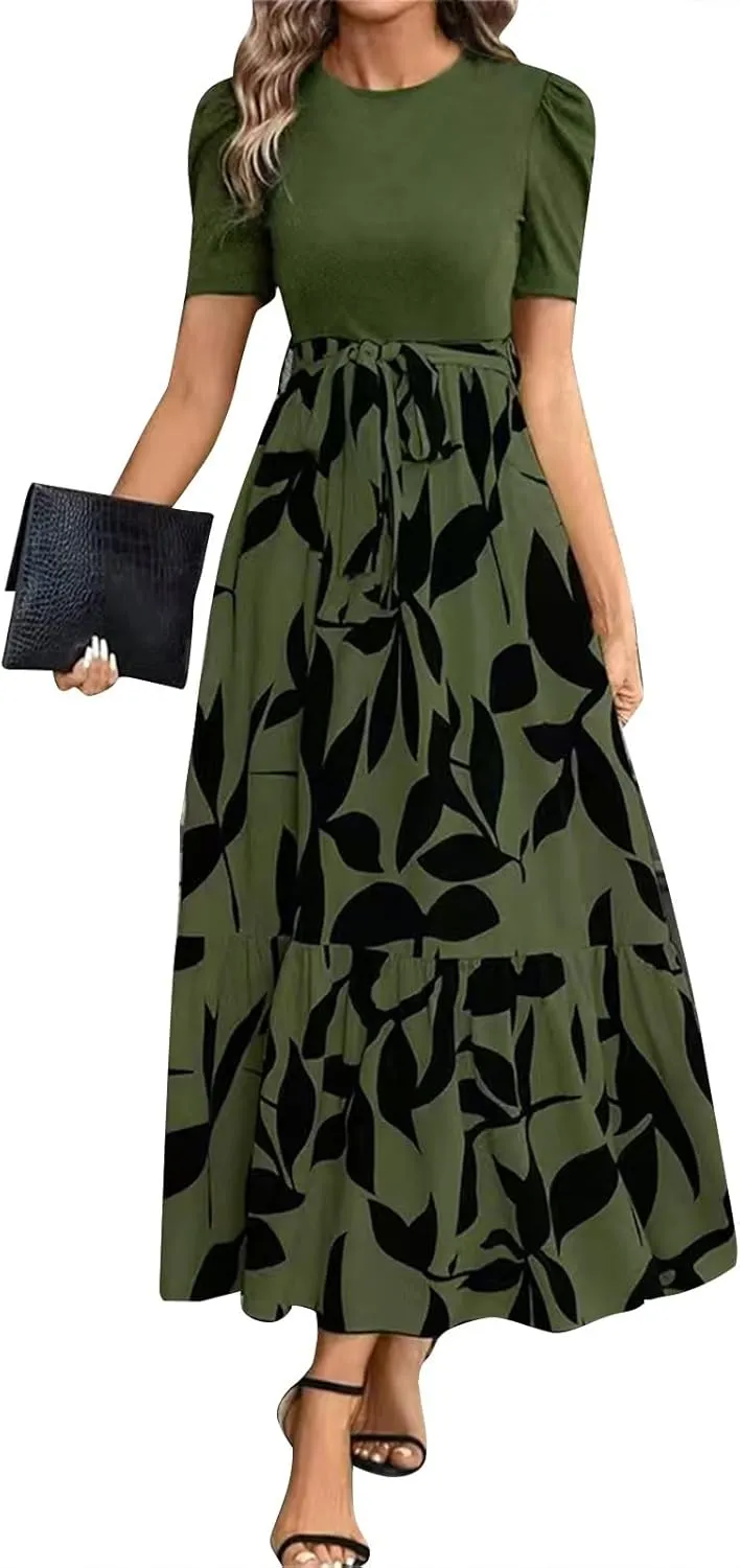COTECRAM Women's 2025 Summer Casual Short Sleeve Crew Neck High Waist Smocked Tiered A Line Boho Beach Midi Maxi Dress