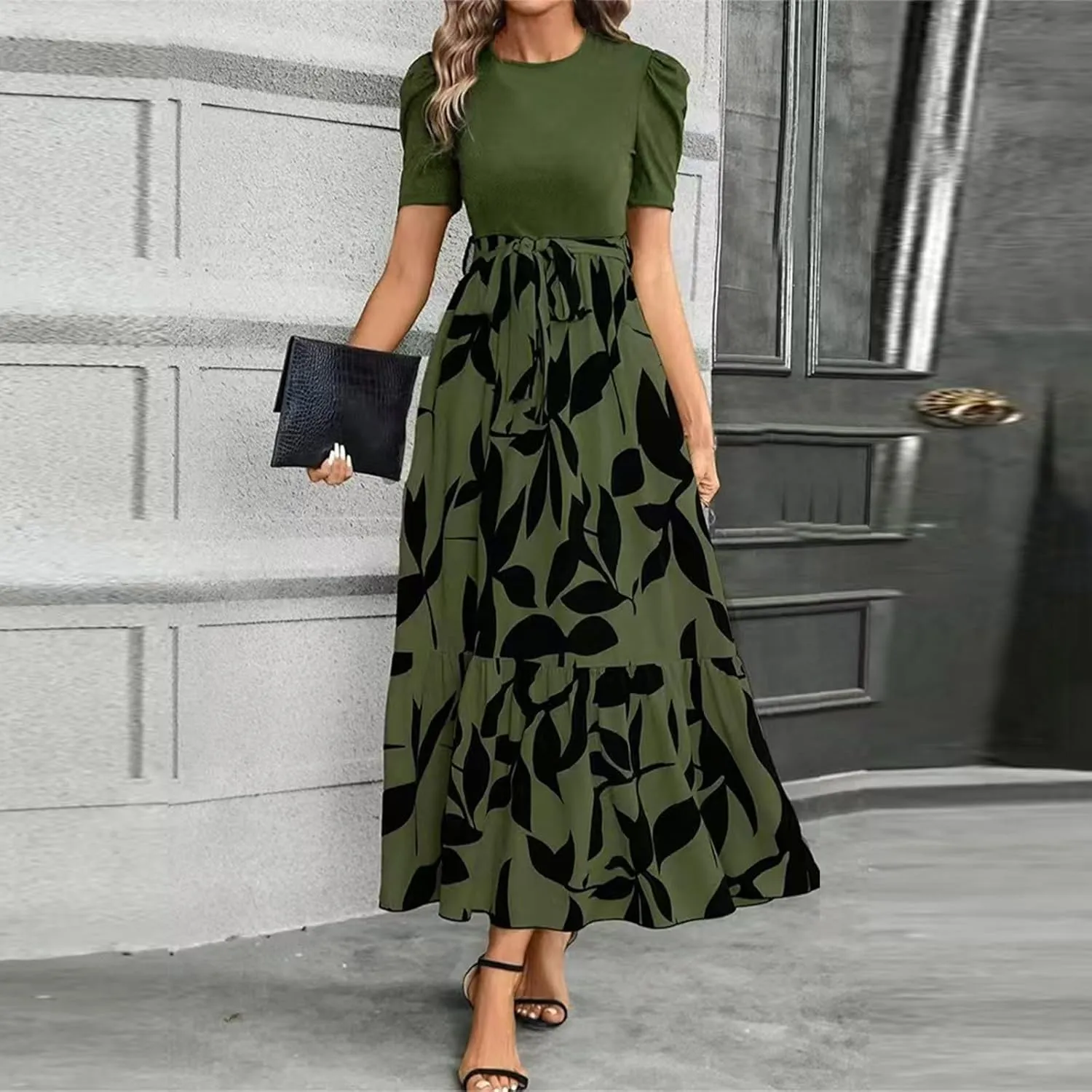 COTECRAM Women's 2025 Summer Casual Short Sleeve Crew Neck High Waist Smocked Tiered A Line Boho Beach Midi Maxi Dress