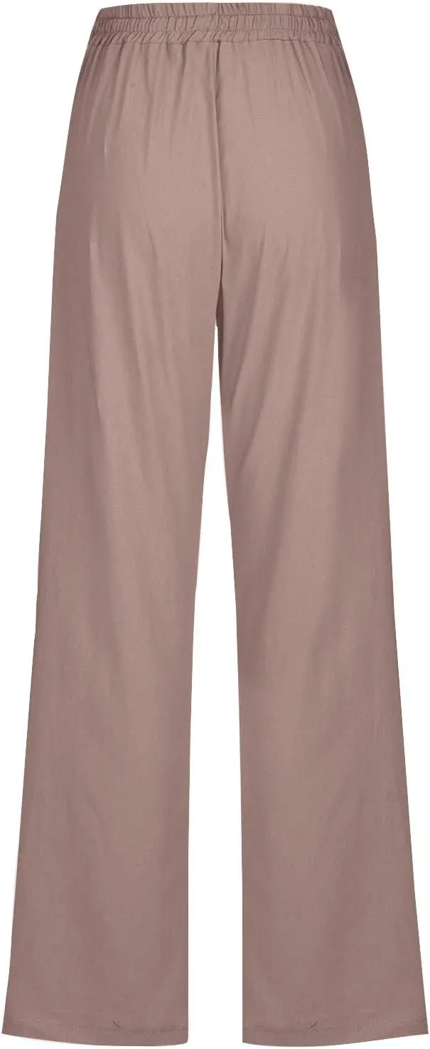 Cotton Linen Straight Leg Pants for Women Summer Casual High Waist Drawstring Trousers Loose Fit Solid Loungr Pants