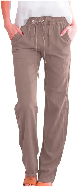 Cotton Linen Straight Leg Pants for Women Summer Casual High Waist Drawstring Trousers Loose Fit Solid Loungr Pants