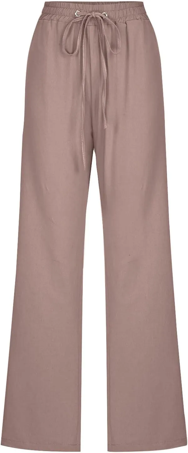 Cotton Linen Straight Leg Pants for Women Summer Casual High Waist Drawstring Trousers Loose Fit Solid Loungr Pants