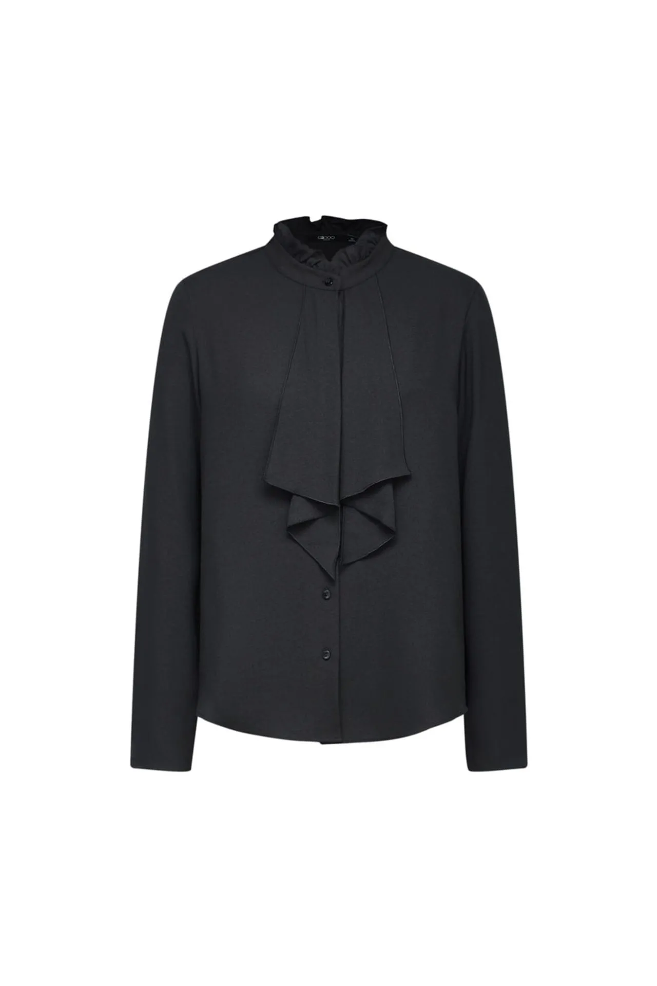 Crepe Ruffled Stand Collar Blouse With Double Tie Detail