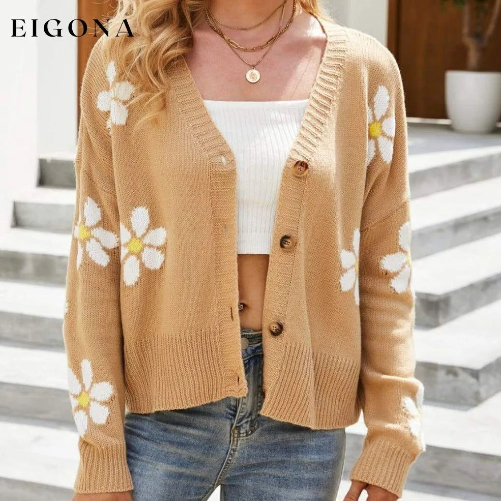 Floral Ribbed Trim Drop Shoulder Cardigan