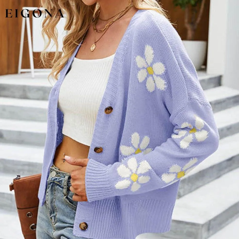 Floral Ribbed Trim Drop Shoulder Cardigan