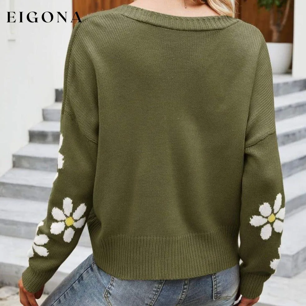Floral Ribbed Trim Drop Shoulder Cardigan