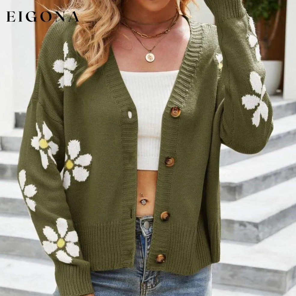 Floral Ribbed Trim Drop Shoulder Cardigan