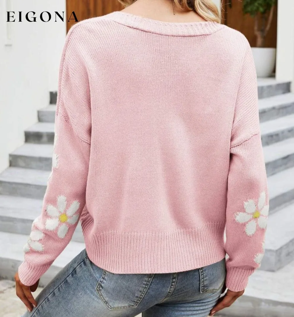 Floral Ribbed Trim Drop Shoulder Cardigan